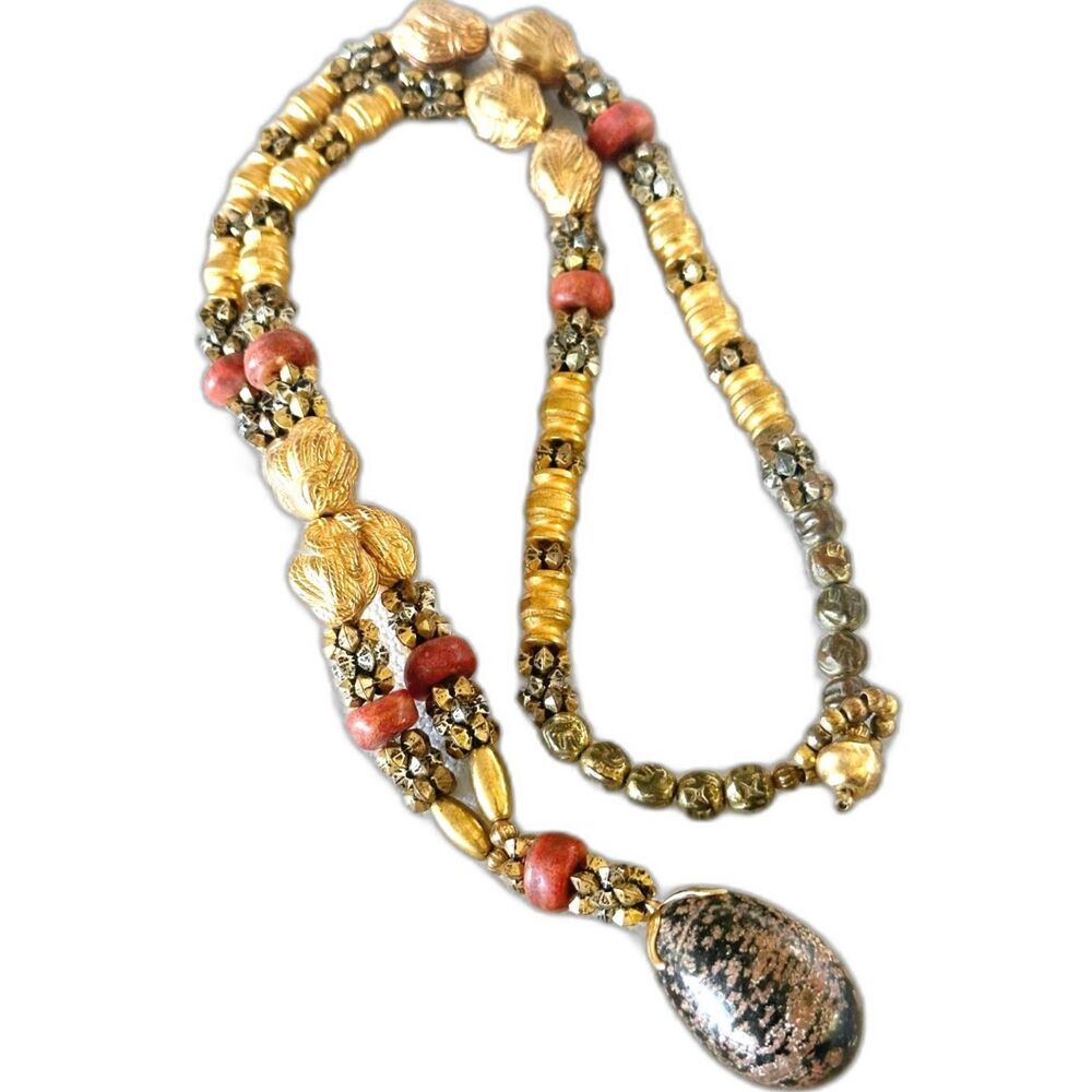 Jasper Pendant Vintage Estate Beaded Necklace Mixed Metal Tone Stone Tribal Boho